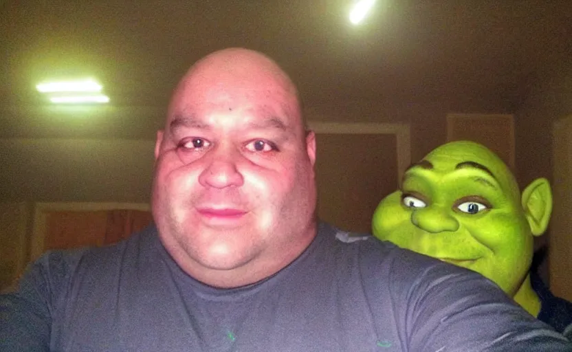 Image similar to my uncle that look like shrek if he was real accidentally taking a selfie, front camera, camera flash is so bright in his face, viral, selfie, viral on twitter, viral on instagram, viral photo
