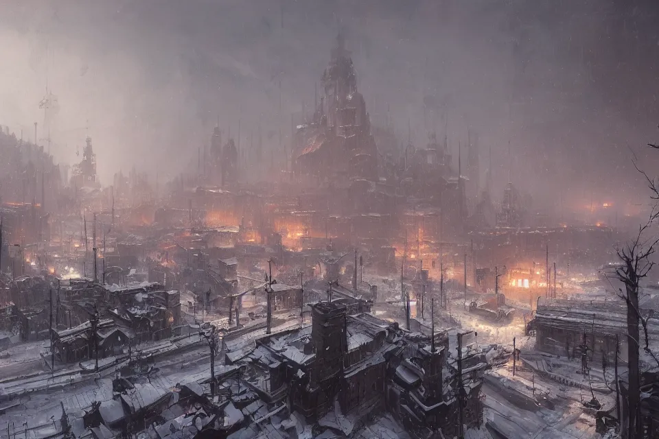 Image similar to highly detailed painting of dieselpunk stockholm, winter, snow, dystopia, by greg rutkowski, 4 k resolution, trending on artstation