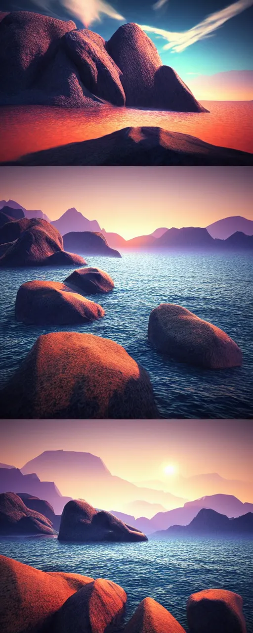 Image similar to super detailed color lowpoly art, northern sunset with rocks on front, monochrome photorealistic bay in the middle of perspective and mountains at background, big graphic ship in random point of bay, unreal engine, high contrast color palette, 3 d render, lowpoly, colorful, digital art, perspective