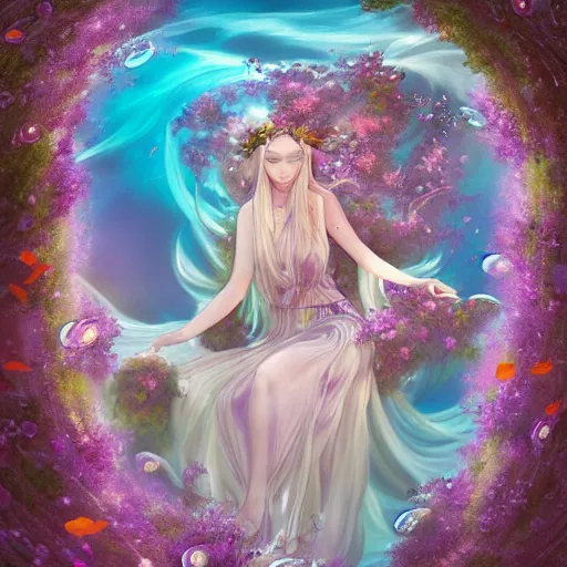 Image similar to Elven druid queen in a swirling sundress of flowers, underwater, floral explosion, radiant light, vortex of plum petals, by WLOP, Hasui Kawase and artgerm, artstation, deviantart