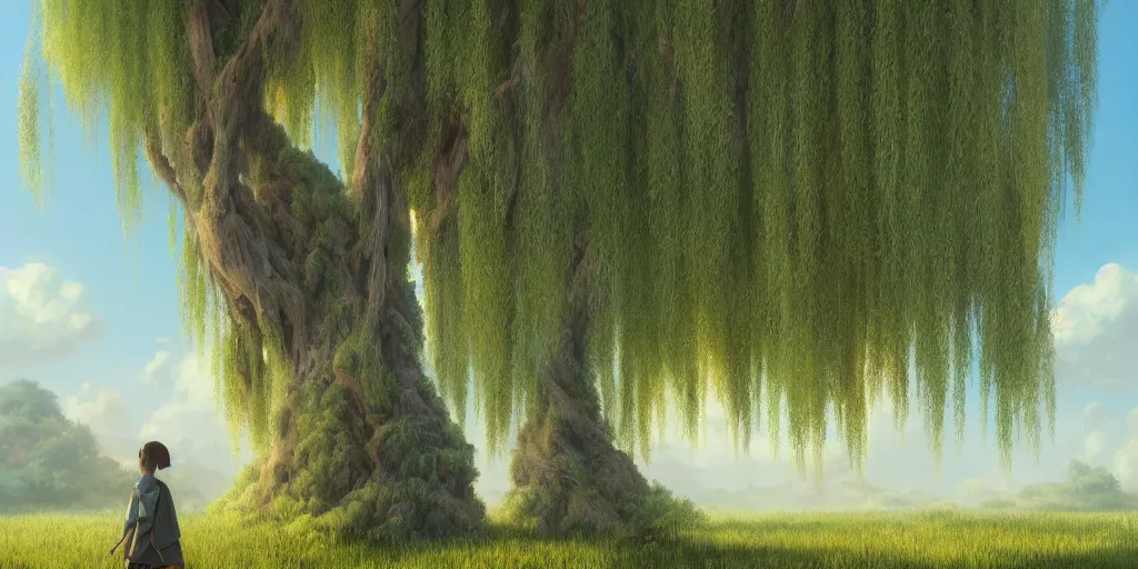 Image similar to A highly detailed matte oil painting of a willow tree, hyperrealistic, cinematic, breathtaking, beautiful composition, Mokoto Shinkai, Studio Ghibli, Dan Mumford, James Jean, volumetric lighting, octane render, 4K resolution, trending on artstation