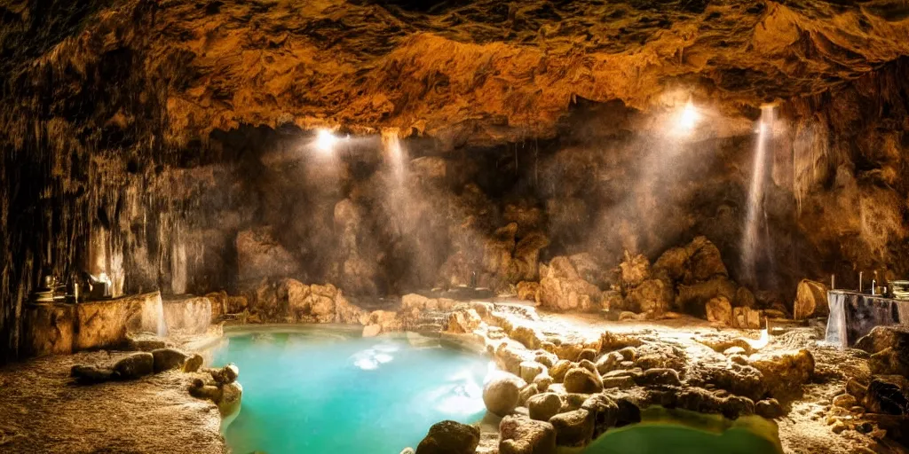 Image similar to detailed interior of cozy hotsprings hidden inside a cave, small waterfalls, lush vegetation, flowers, towels, plates of fruit, god rays, light shafts, stunning atmosphere, by Peter Mohrcacher, cinematic lighting