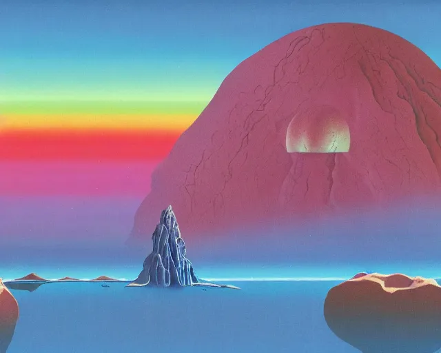 Image similar to roger dean 1 9 8 0 s art of distant mountains strange bizarre alien planet surface lakes reflective clear blue water, rainbow in sky, imagery, illustration art, album art