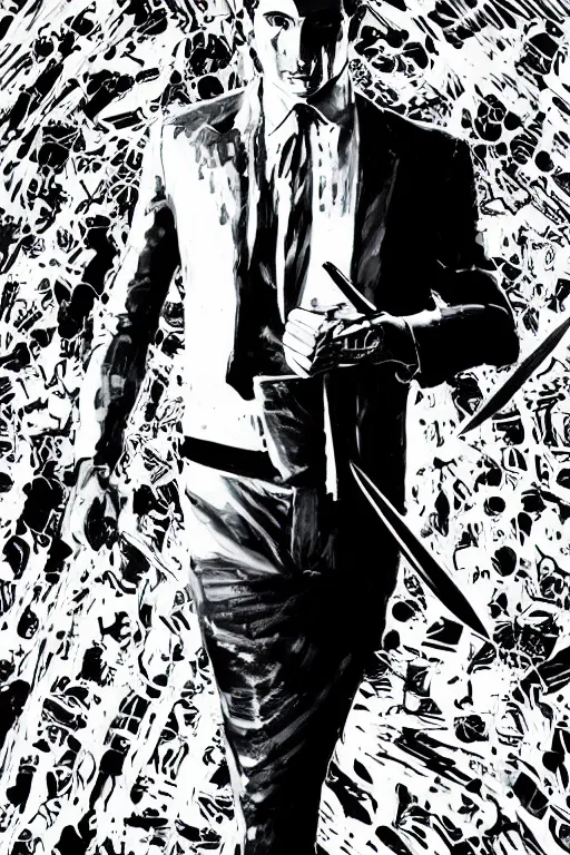 Image similar to black and white illustration of Patrick Bateman holding a big knife, neo noir style, Frank Miller creative design, body horror