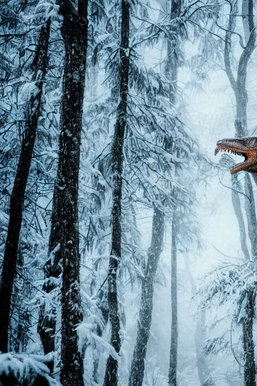 Prompt: a professional portrait photo of a t - rex in the forest in winter, extremely high fidelity, natural lighting,