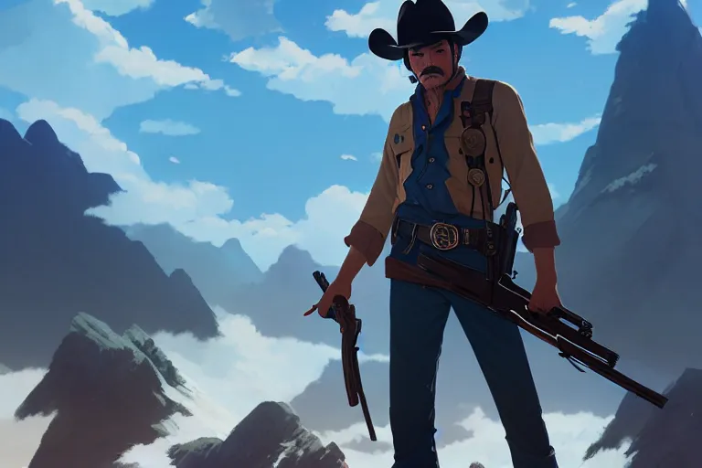 Image similar to old pedro pascal as a cowboy with a beautiful rifle, single subject, mountaineous background, scenic full shot, ambient lighting, detailed face, by makoto shinkai, stanley artgerm lau, wlop, rossdraws