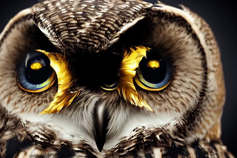 Prompt: the eye of an owl with golden feathers, hyperrealistic, many details, 3d render, octane, cinematic, macro photography