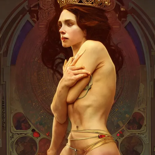 Image similar to a Portrait of A queen whose body is transparent and whose body radiates holy light by greg rutkowski and alphonse mucha and wlop,In style of digital art illustration.hyper detailed,smooth, sharp focus,trending on artstation,4k