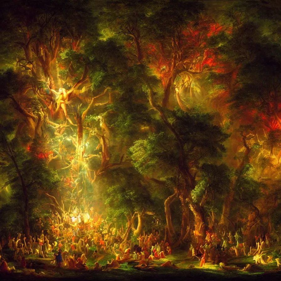 Image similar to closeup of a night carnival inside a tree cavity in a magical forest in the middle of a summer storm, with a music scenario with many fireworks and christmas lights, volumetric lightning, instense god rays in the sky, folklore people disguised with fantastic creatures in a magical forest by summer night, masterpiece painted by thomas cole, very coherent and colorful high contrast masterpiece,