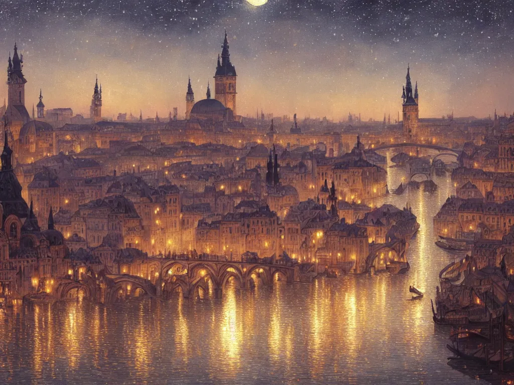 Image similar to a view from the river of a city resembling prague, paris, and venice at night with the sky full of stars, intricate, elegant, highly detailed, digital painting, artstation, concept art, smooth, sharp focus, colored illustration for tattoo, art by krenz cushart and artem demura and alphonse mucha,