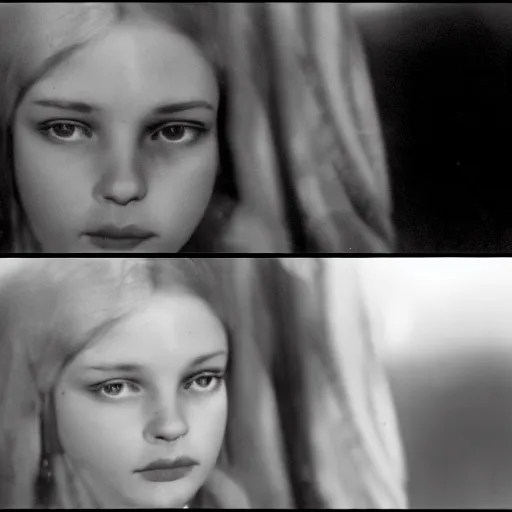 Prompt: portrait of a beautiful young lady with silver eyes, film still of Tarkovsky