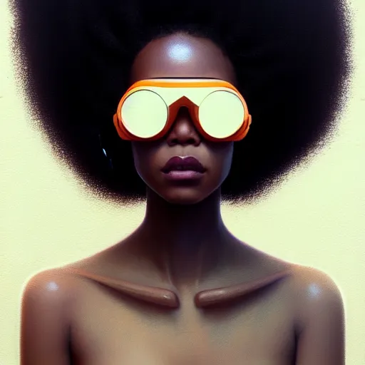 Image similar to beautiful woman wearing opaque reflective goggles profile picture by greg rutkowski, brown skin, long afro hair, asymmetrical, futuristic, cool colors, streetwear, studio ghibli, organic painting, matte painting, geometric shapes, hard edges, street art, trending on the artstation, fantasy lut, realistic by sachin teng,