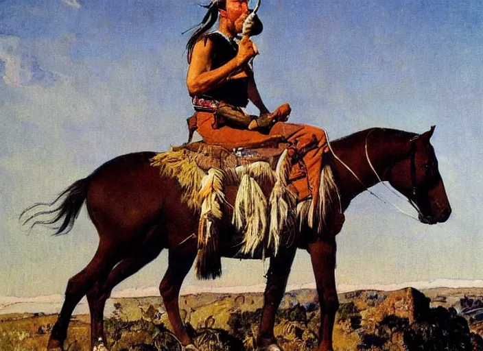 Prompt: western painting, native american sitting on horse on top of hill, by norman rockwell