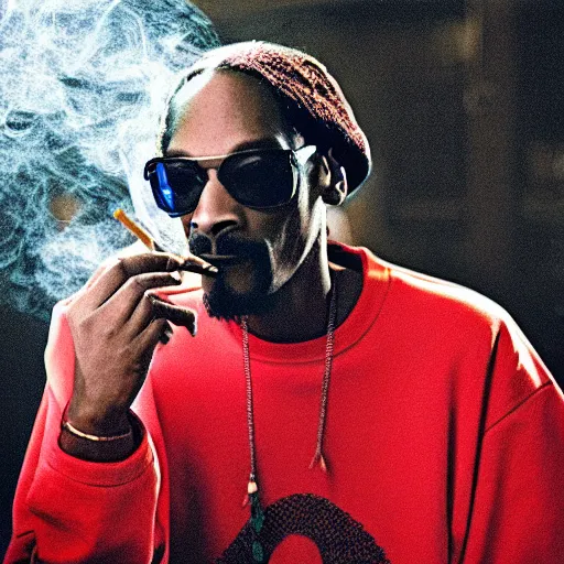 Image similar to Snoop Dogg smokes a joint, smoky red eyes, sits in a police car