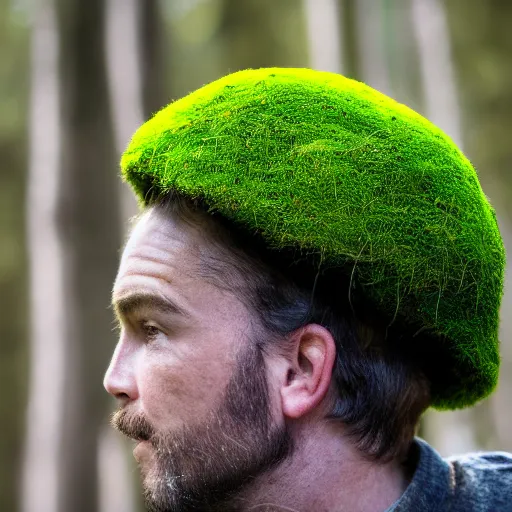 Image similar to portrait of a man with hat made of moss, 4k, full shot, high details, natural light, Forrest in background