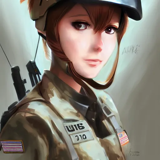 Image similar to anime girl in a united states army special forces uniform, digital art, portrait, krenz cushart