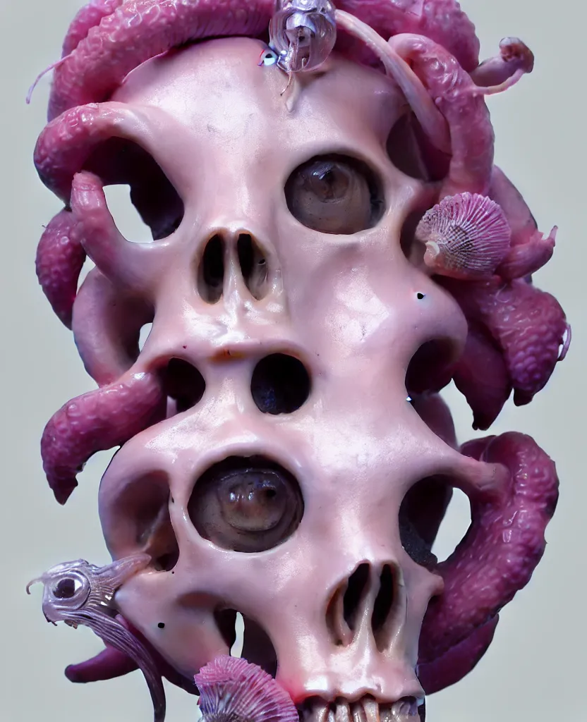 Image similar to goddess princess beautiful face close-up portrait ram skull plasticine sculpture. jellyfish phoenix head, nautilus, orchid, skull, betta fish, bioluminiscent creatures, intricate artwork by Tooth Wu and wlop and beeple. octane render, trending on artstation, greg rutkowski very coherent symmetrical artwork. cinematic, hyper realism, high detail, octane render, 8k