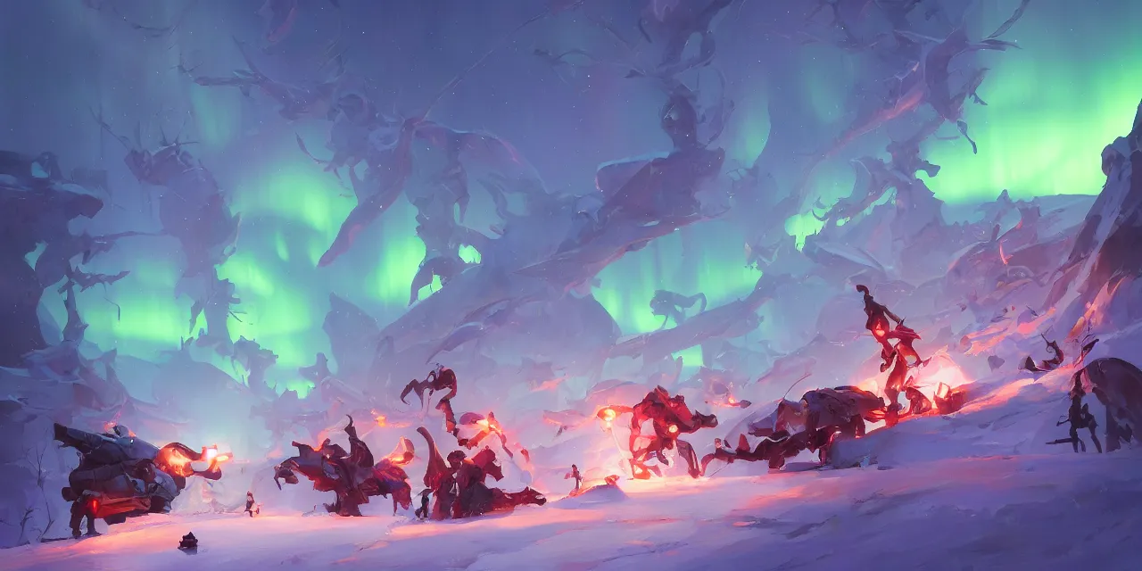 Image similar to epic nighttime showdown in blizzard, rainbow lights, aurora, behance hd artstation by jesper ejsing by rhads, makoto shinkai and lois van baarle, ilya kuvshinov, ossdraws