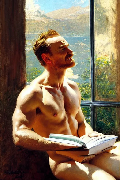 Prompt: michael fassbender reading a book by the window, bright sunlight shines on his shirtless oil covered skin, he is wearing shorts, painting by gaston bussiere, craig mullins