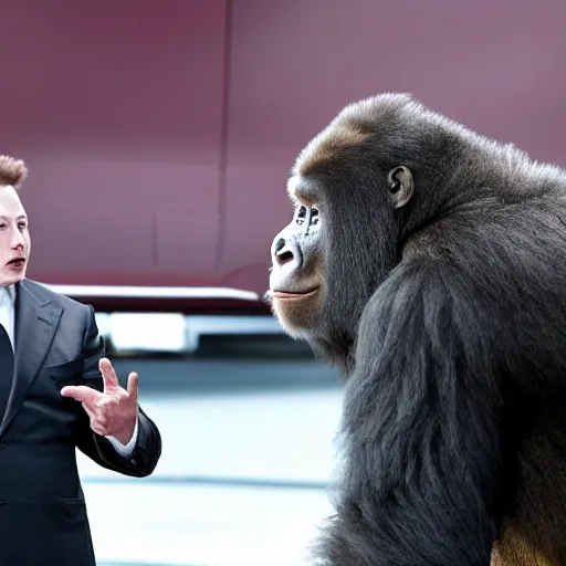 Image similar to Elon Musk angrily discusses with a silverback gorilla about the spaceship design, the spaceship in the background has the shape of a banana, real picture,