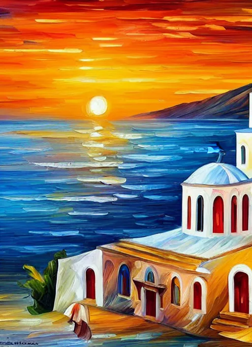 Image similar to beautiful seaside greek village and church at sunset in the style of leonid afremov