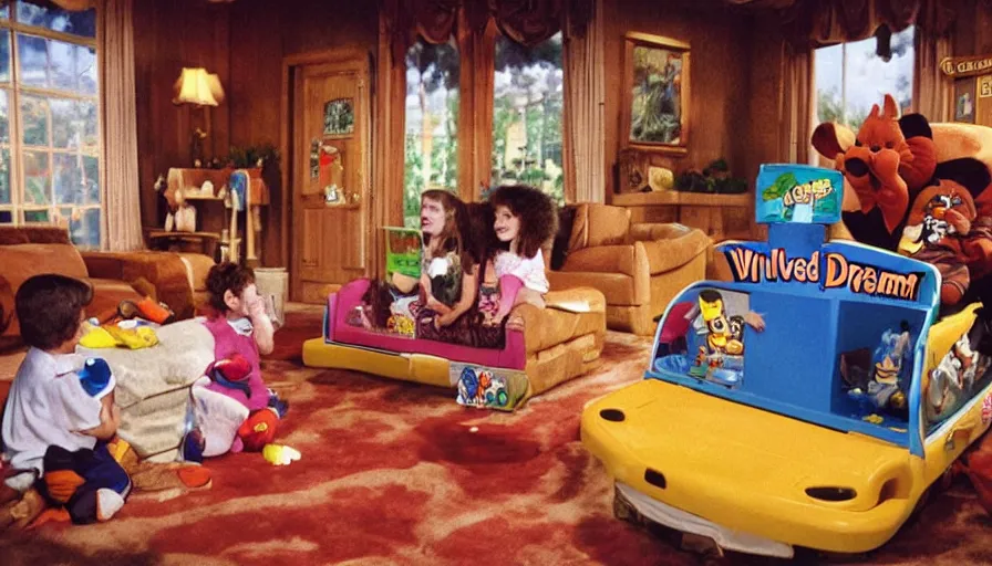 Prompt: 1990s photo of inside the Garfield's Wild Dream ride at Universal Studios in Orlando, Florida, children riding a box with a blanket, with Garfield the cartoon cat, through a living room filled lasagna, coffee cups, and lava lamps, cinematic, UHD