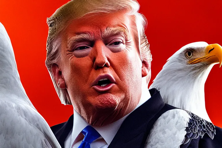 Image similar to Close-up portrait of Donald Trump in jail wearing orange clothes with an American bald eagle attacking him, octane, dramatic lighting, editorial photo, 35mm, very detailed