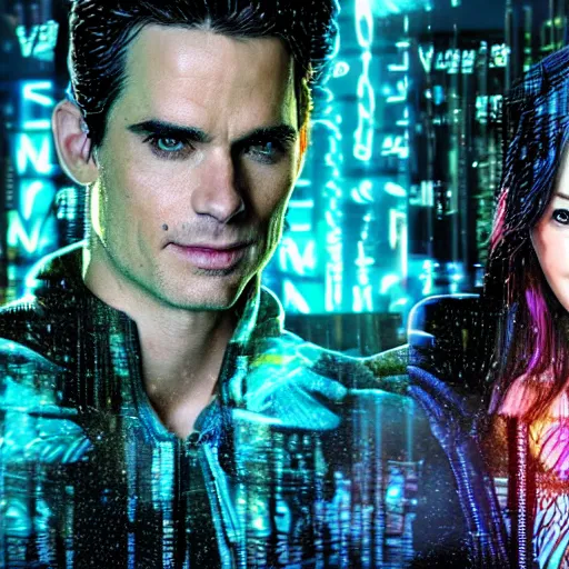 Prompt: An epic fantasy comic book style full body portrait painting of very beautiful cyberpunk hackers Matt Bomer and Emma Stone in the rain, neon reflections in the rain puddles, stunning 3d render inspired art by Tim Okamura and Lise Deharme + perfect facial symmetry + dim volumetric lighting, 8k octane beautifully detailed render, post-processing, extremely hyperdetailed, intricate, epic composition, grim yet sparkling atmosphere, cinematic lighting + masterpiece, trending on artstation, very very detailed, masterpiece, stunning