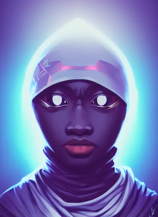 Prompt: portrait of african ninja, cloud background, uplight, symmetrical!!, anime, prism highlights, depth of field, cinematic, filmic, vsco, concept art, artstation, digital painting, elegant, epic, focus
