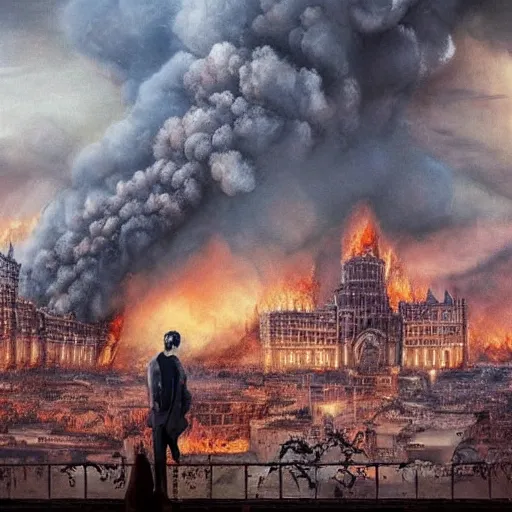 Image similar to the city is burning and fire is everywhere, palaces are collapsing world is getting destroyed just a man was standing alone crying while world is getting destroyed detailed picture HD