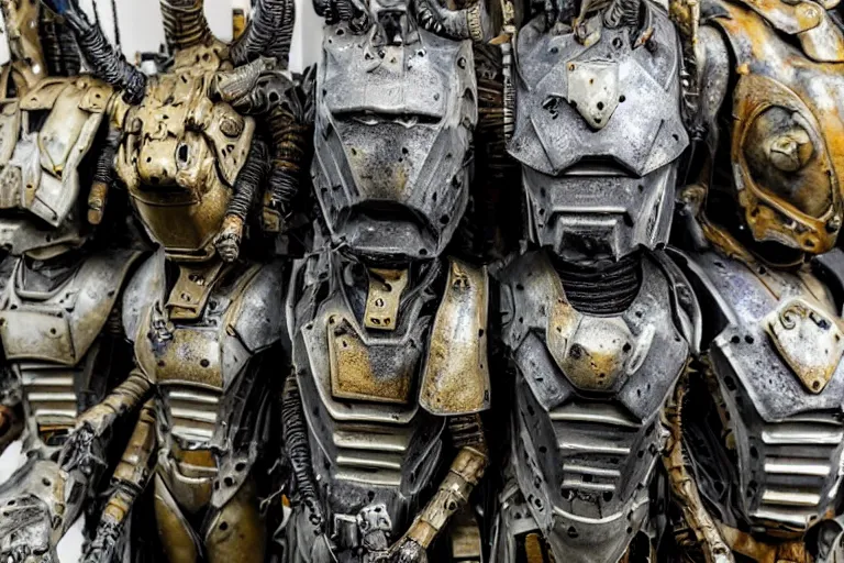 Image similar to photo taken of an epic intricate, ultra detailed, super realistic gritty, hero prop, exquisitely weathered armoured hazardsuit movie prop replica's in a row in the workshop, created by weta workshop, full body shot, photorealistic, sharp focus, white wall, cold colour temperture, golden ratio