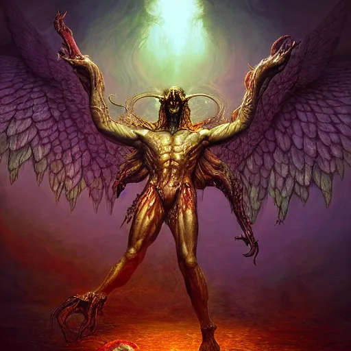 Image similar to photorealistic biblically accurate demonic alien archangel the style of michael whelan and gustave dore. hyperdetailed photorealism, 1 0 8 megapixels, amazing depth, glowing rich colors, powerful imagery, psychedelic overtones, 3 d finalrender, 3 d shading, cinematic lighting, artstation concept art