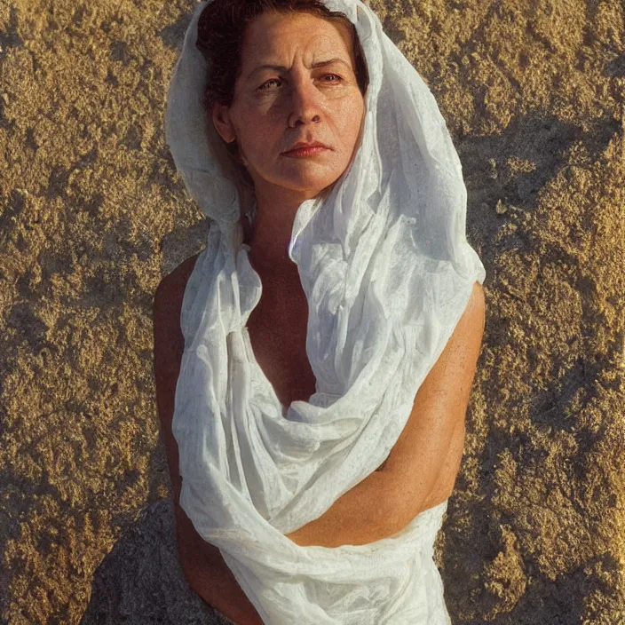 Image similar to closeup portrait of a woman wrapped in bio fabric, standing on shore of zakynthos greece, color photograph, by vincent desiderio, canon eos c 3 0 0, ƒ 1. 8, 3 5 mm, 8 k, medium - format print