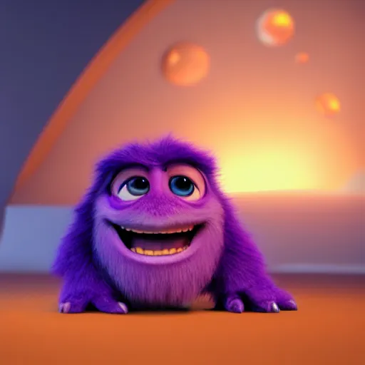 Image similar to a purple fluffy monster, adorable and cute, pixar, octane render, 4k, monster in middle of picture