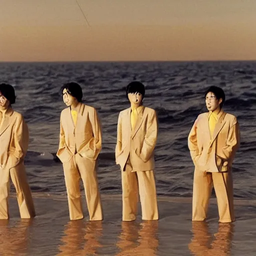 Image similar to a group of japanese men wearing beige suits standing in the ocean, sunset, ((yellow magic orchestra)), ((tatsuro yamashita)), album cover, 1981, grammy award winning