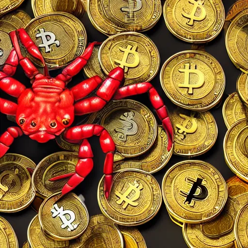 Image similar to photography of a realistic a very detailed red scorpion with yellow tail on top of cryptocurrency coins of different colors, some gems, a few diamonds animal, ultra detailed, 8 k, cinematic lighting, natural background, trending on artstation, pokemon