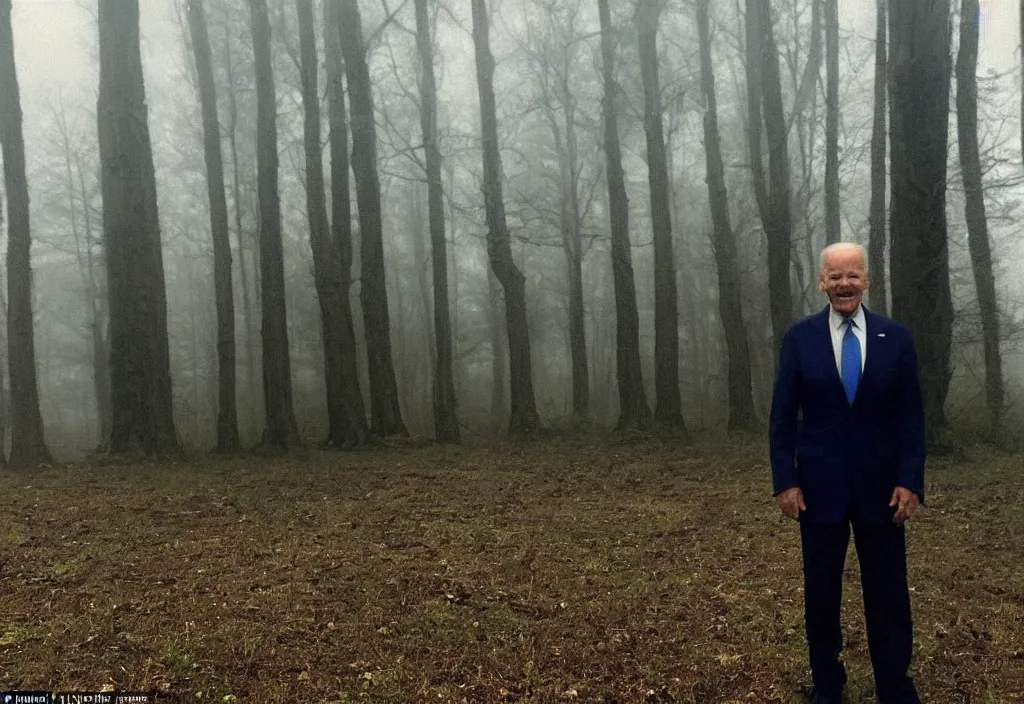 Image similar to low quality iphone photo of joe biden standing ominously in the foggy woods with a demonic smile in his face, creepy, far away