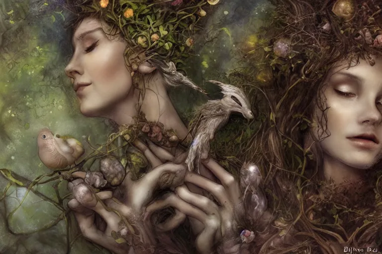 Image similar to dryad musician by brian froud, perfect face, accompanied by a cute feathered mouse, cinematic, stunning, highly detailed, digital painting, artstation, smooth, hard focus, illustration, art by jessica rossier and brian froud