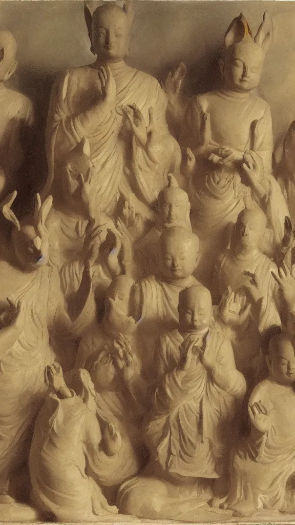 Image similar to a crowd of people pray a rabbit budda statue by john singer sargent