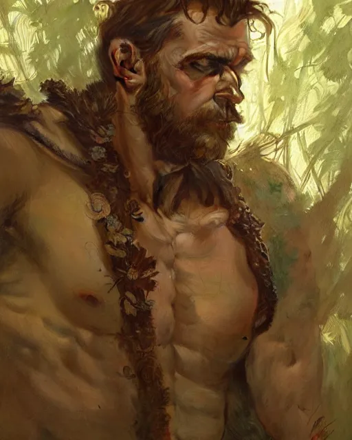 Image similar to god of the forest, rugged, male, detailed face, muscular, intricate, highly detailed, digital painting, artstation, concept art, sharp focus, illustration, art by greg rutkowski and alphonse mucha