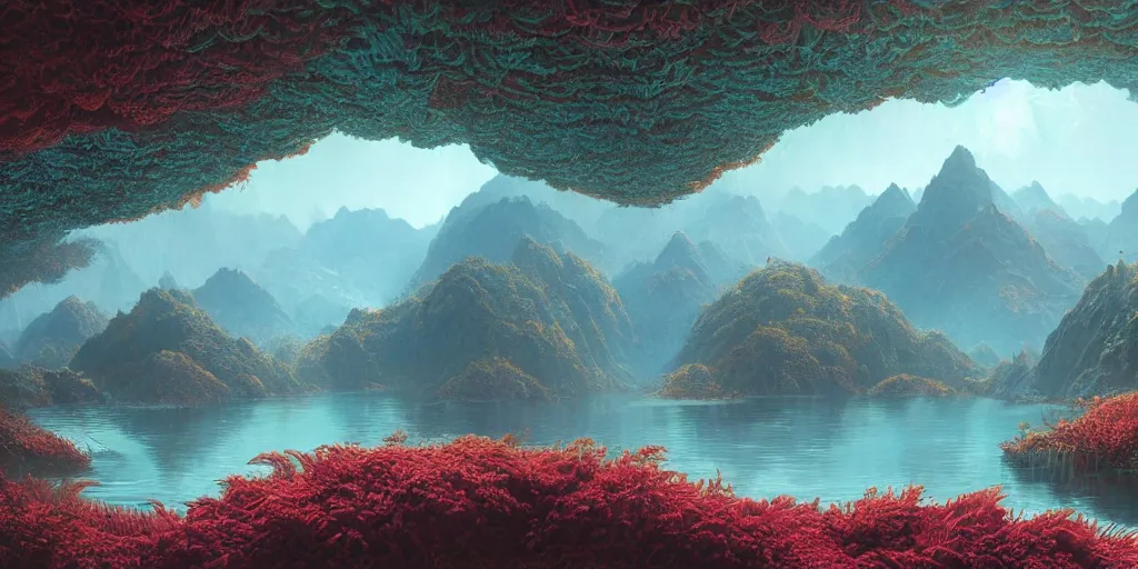 Image similar to A beautiful hyper realistic detailled matte painting of a microscoptic world of algea with ridges similar to mountains with billions of glowing micro trees emmiting a read and teal color by John Howe and Albert Bierstadt and Alena Aenami and dan mumford and dave noton, unreal engine, trending on behance:1, a warped world looped back on itself like Inception
