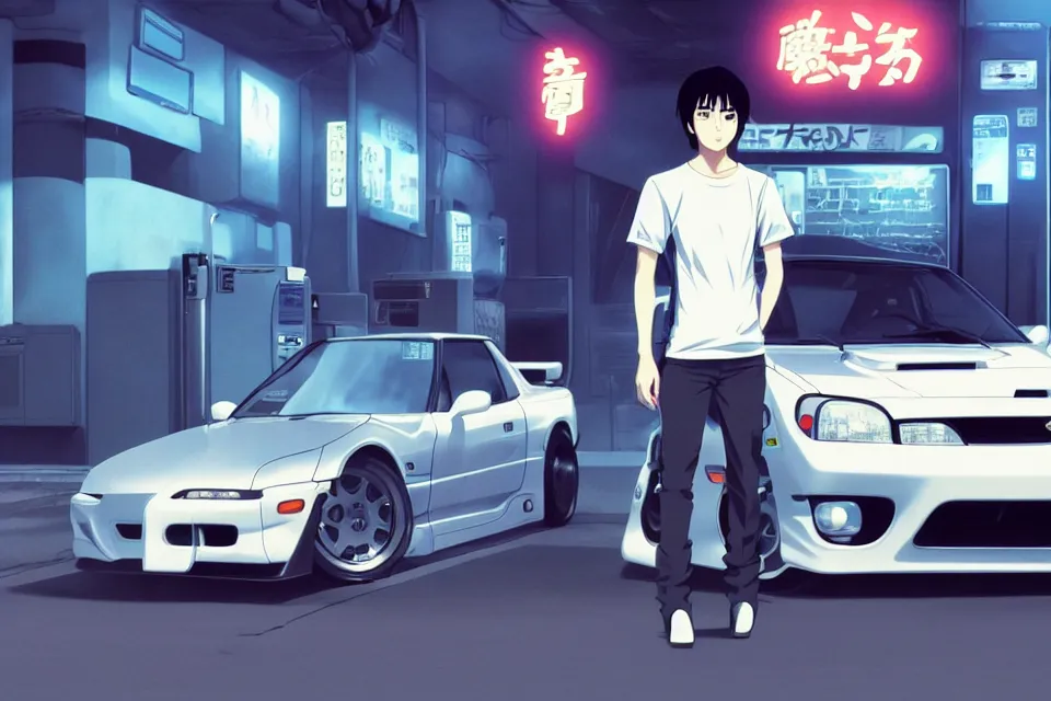 Image similar to aesthetic illustration of very serious ryosuke takahashi with black hair wearing a dark blue shirt and white pants stands near mazda rx 7 on an empty gas station at dusk, initial d anime 1 0 8 0 p, detailed anime face, high detail, 9 0 s anime aesthetic, volumetric lights, unreal engine 5 render, pinterest wallpaper, trending on artstation