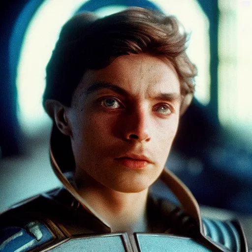 Prompt: Jodorowky's Dune movie, Paul Atreides, 55mm lens, symmetrical face, symmetrical eyes, cinematic, cinestill 400t film