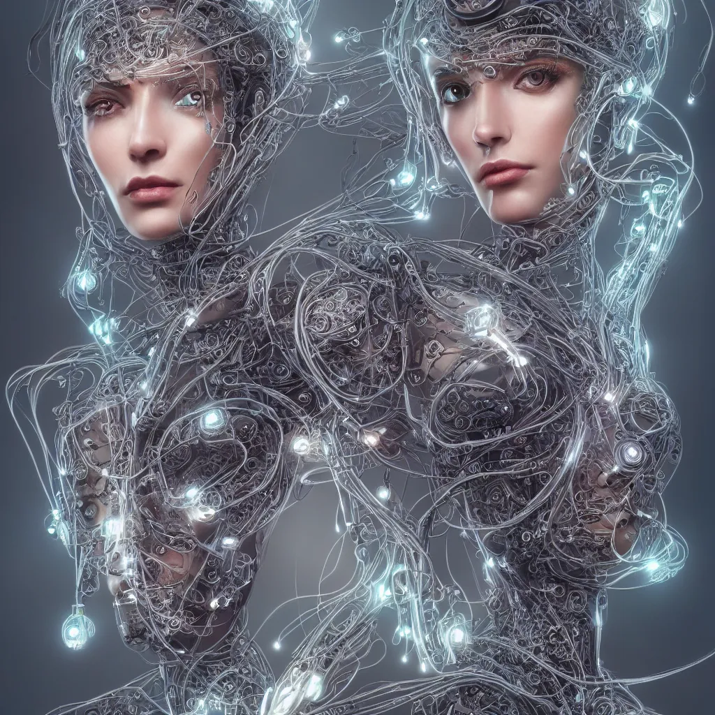 Prompt: very beautiful woman integrating with technology, full face frontal centered, portrait, insipiring, detailed intricate ornate cables connected to head, big open electric eyes, luxurious detailed abundent wiring and implants, diamonds, sci-fi, neon, emeralds, detailed technology full background, highly detailed, artstation, Rene Lalique and Eddie Mendoza