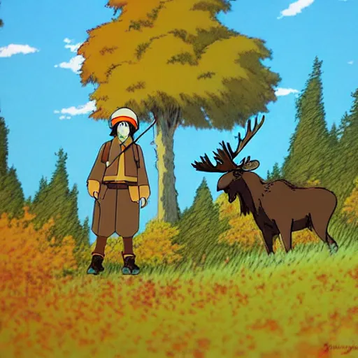 Image similar to Autumn moose hunter, studio ghibli, ultra detailed