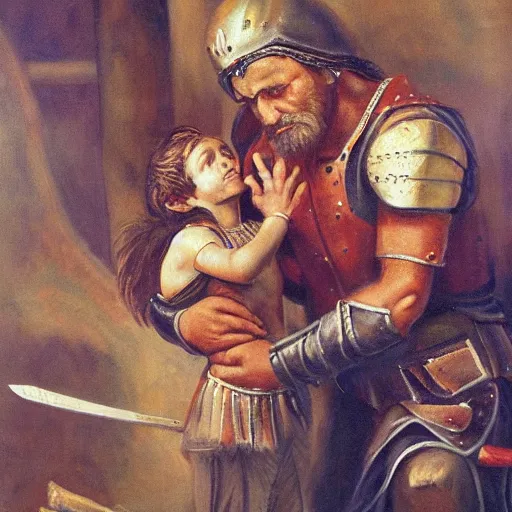 Prompt: painting of, a warrior dad protecting his little daughter, from the demons of life, highly detailed