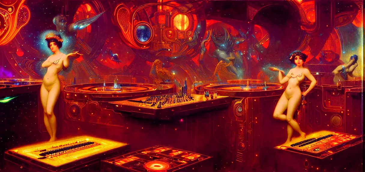 Image similar to future empress of the galaxy at a dj booth, hard lighting, full body, futuristic, neon, luxurious, industrial party, smoke, lasers painting by gaston bussiere, craig mullins, j. c. leyendecker, lights, art by ernst haeckel, john william godward, hammershøi