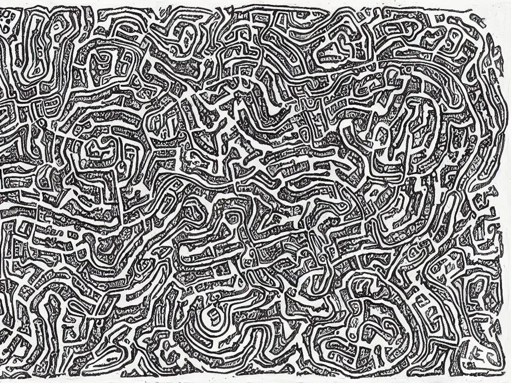 Image similar to Cave map full of old runic glyphs by Deven Rue, Ink drawing, fine point pen,