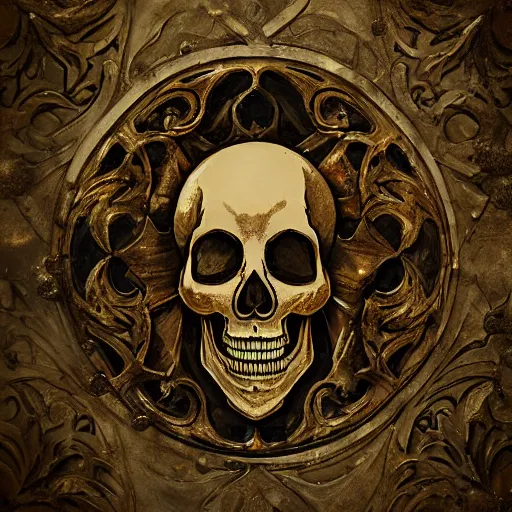 Image similar to medieval medallion background texture with a steam punk skull artist greg rutkowski