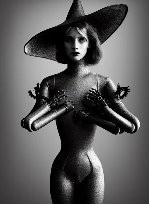 Image similar to surreal mythical dreamy dark artistic black and white fine art fashion portrait photo of a young beautiful delicate female robot - witch, rim light, cinematic, studio dramatic light, poetic, masterpiece, octane render, 8 k, photo - realistic by gustave dore william black